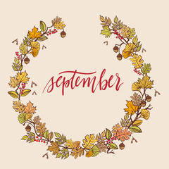 September - vector illustration fall leaves wreath