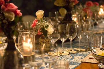 Glasses for champagne, wine, stand on a table. Wedding party, dinner or special event