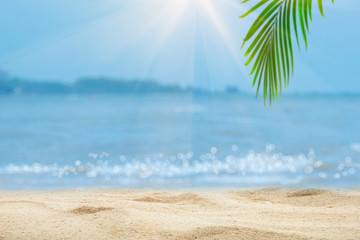 Top of wood table with blurred sea and palm tree background,Concept Summer, Beach, Sea, Relax.