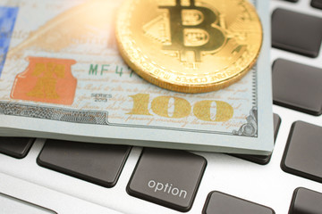 Business background option payment Bitcoin or US dollar bank note close up detail.