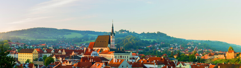 Obraz premium Panoramic aerial view over the old Town of Cesky Krumlov, Czech Republic.UNESCO World Heritage Site.