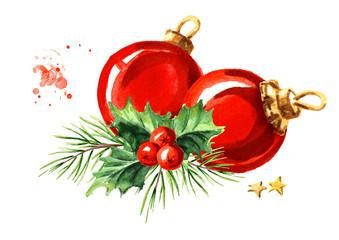 Christmas composition with fir branch and red ball. Watercolor hand drawn illustration, isolated on white background