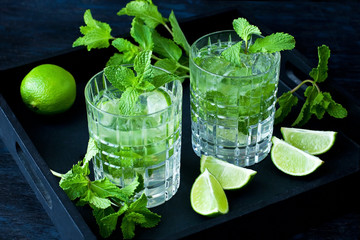 Mojito cocktail, iced drink with lime and mint