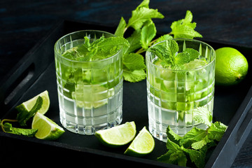 Mojito cool cocktail of lime, mint and soda, in  glass with ice