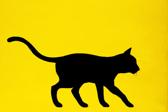 Black cat painted on yellow wall.