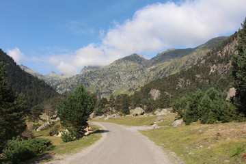 Chemin de randonnée vallée en montagne temps ensoleillé et nuages blancs