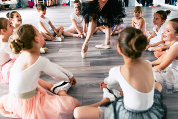 Group of beautiful little girls practicing ballet at dancing class. © hedgehog94