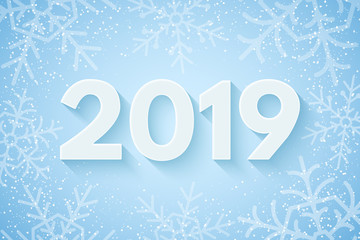 Happy new year 2019. Festive cover for your project. Falling snowflakes on a light blue background. Paper numbers with a shadow. Vector illustration