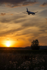 The plane flies against the sky during sunset.

