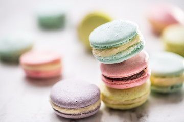 Close-up of homemade colorful macaroons on table