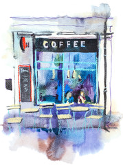 Facade of house with the old cafe. Watercolor illustration