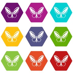 Butterfly icon set many color hexahedron isolated on white vector illustration