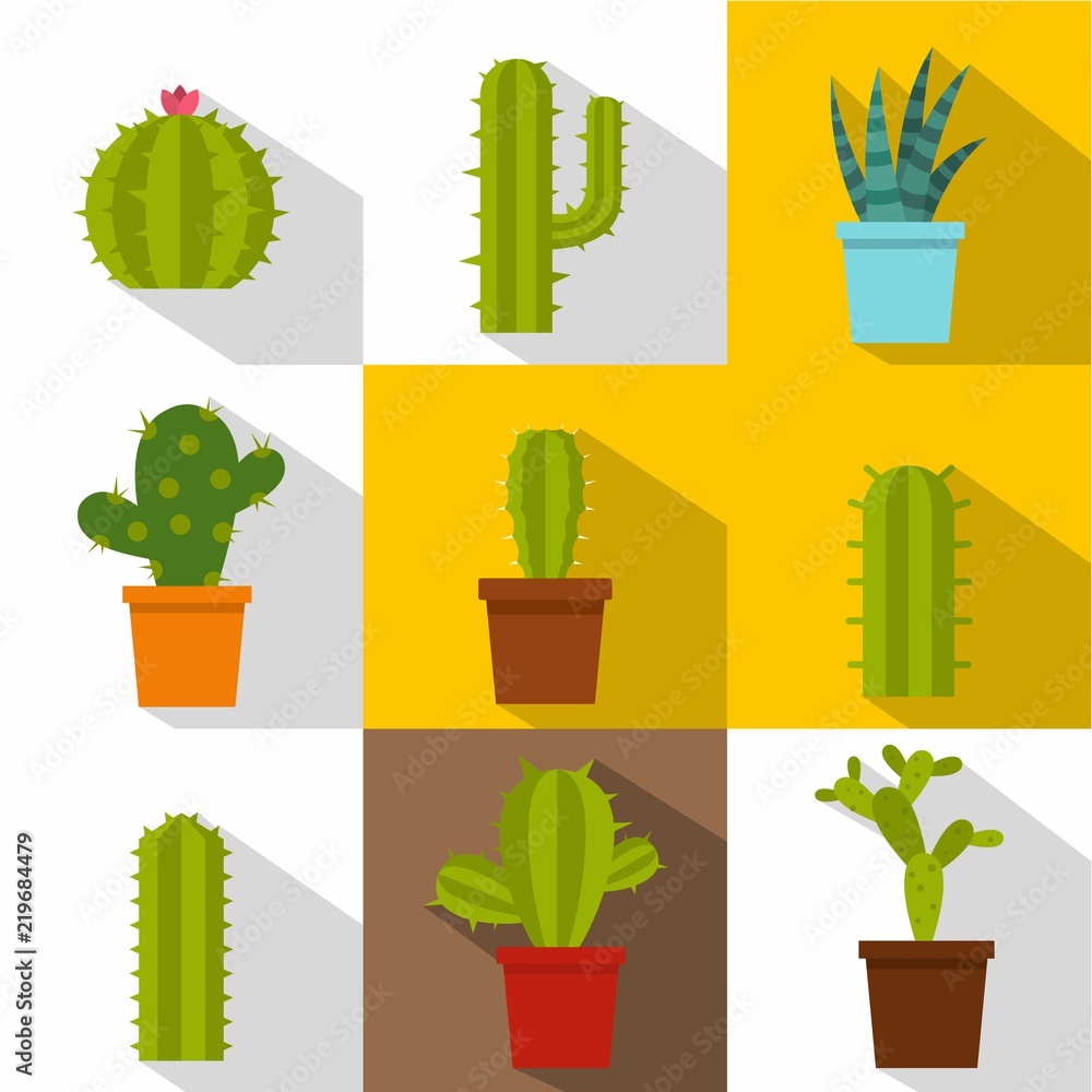Poster cactus icon set. flat style set of 9 cactus vector icons for web design