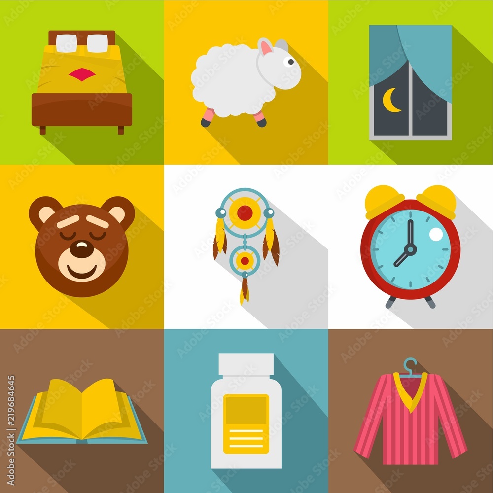 Poster sleeping icon set. flat style set of 9 sleeping vector icons for web design
