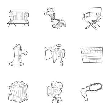 Movie Production Icons Set. Outline Set Of 9 Movie Production Vector Icons For Web Isolated On White Background