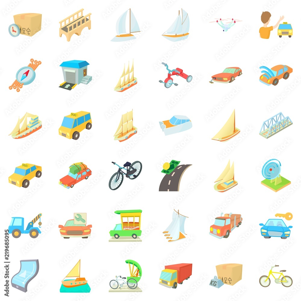 Poster traffic icons set. cartoon style of 36 traffic vector icons for web isolated on white background
