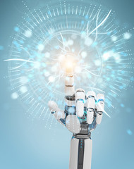 White cyborg hand using digital eye surveillance hologram 3D rendering