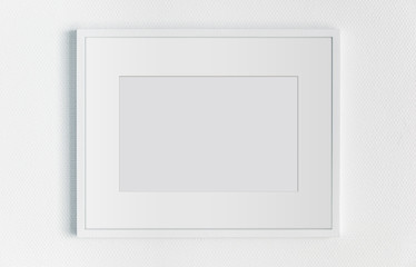 White rectangular horizontal frame hanging on a white wall mockup 3D rendering