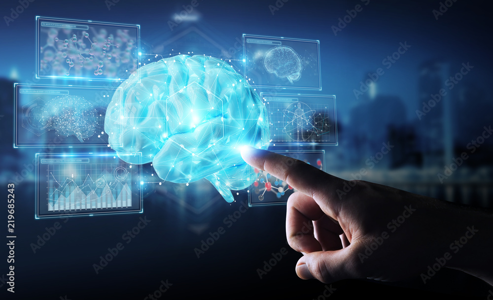 Poster businessman using digital 3d projection of a human brain 3d rendering