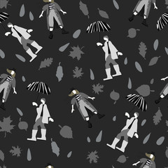 Man in rubber boats under umbrella and woman in scarf vector pattern for banner postcard wallpaper