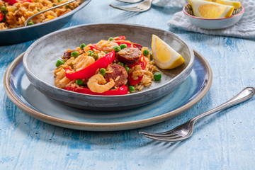 Spanish paella with prawns, chicken, chorizo and red pepper