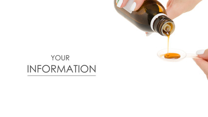 Bottle of syrup in hand medicine pattern on white background isolation