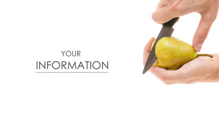 Pear and knife in hand pattern on white background isolation