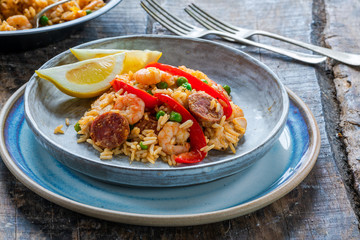 Spanish paella with prawns, chicken, chorizo and red pepper