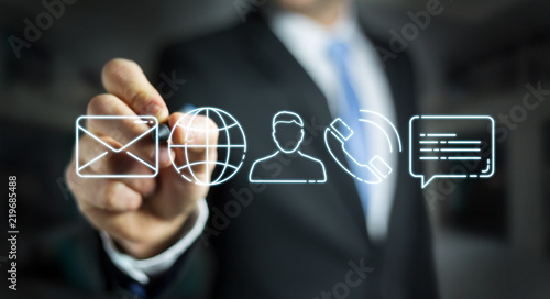 Businessman drawing thin line contact icon