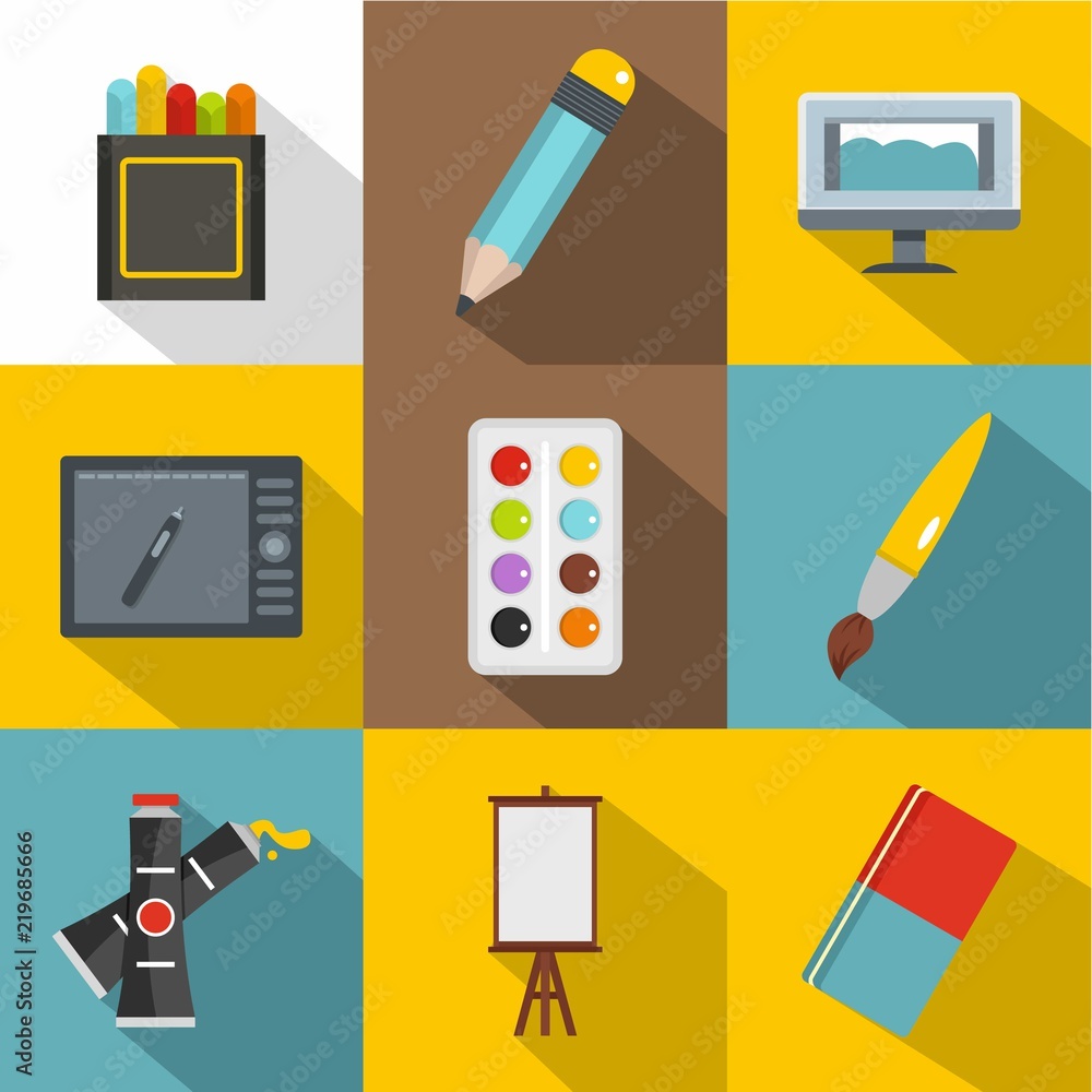 Poster art instrument icon set. flat style set of 9 art instrument vector icons for web design