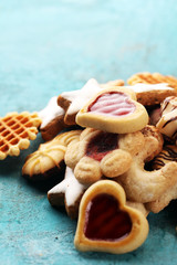 Mixed Christmas cookies. Colorful mix of Christmas-themed decorated cookies