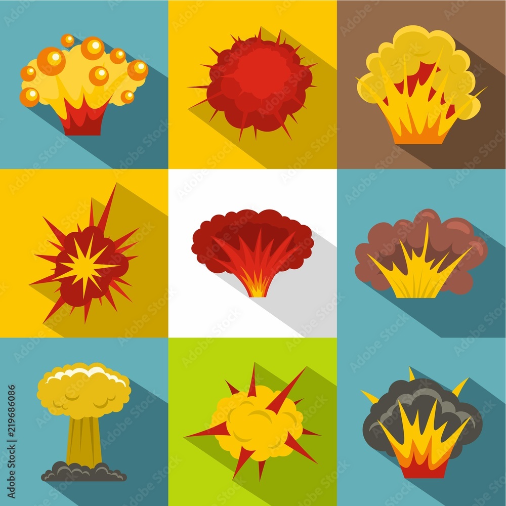 Aufkleber explosion effect icon set. flat style set of 9 explosion effect vector icons for web design