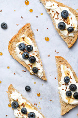 Blueberry Toast, Berries, Cream Cheese Flax Seed and Maple Syrup Dessert, Healthy Organic Meal