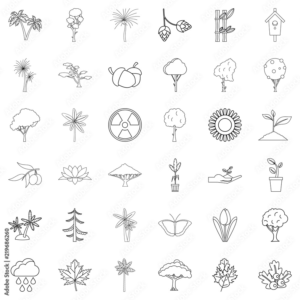 Poster tree icons set. outline style of 36 tree vector icons for web isolated on white background