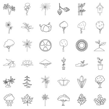 Tree icons set. Outline style of 36 tree vector icons for web isolated on white background