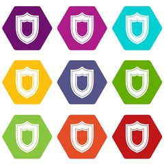 Shield icon set many color hexahedron isolated on white vector illustration