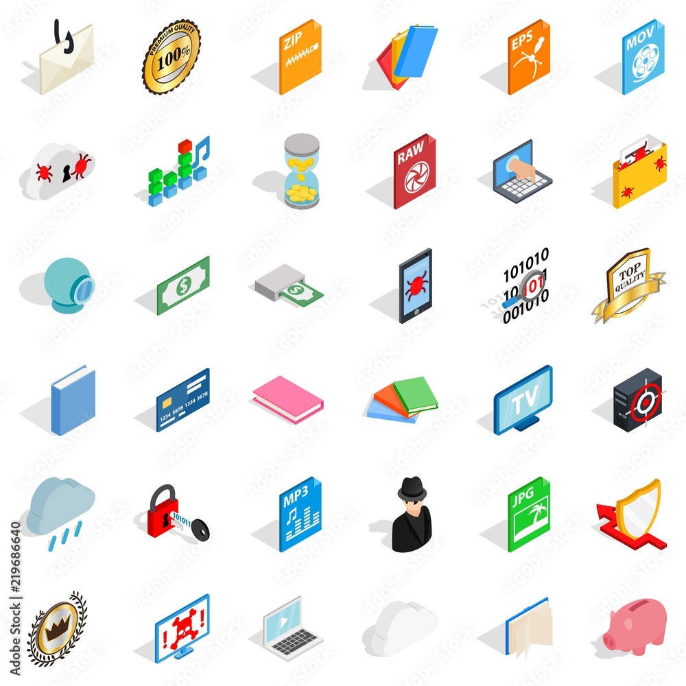 Poster type icons set. isometric style of 36 type vector icons for web isolated on white background