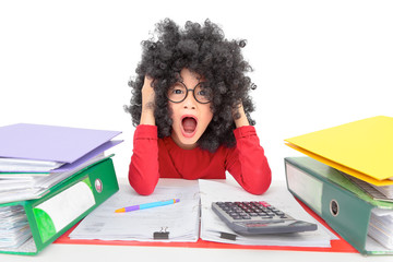 Asian young girl afro hair style sitting at a table in the office and angry with big stack job folder. Isolated on white background