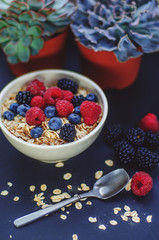 Healthy breakfast. White plate with oatmeal strewn and different berries on a blue background.