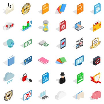 Type icons set. Isometric style of 36 type vector icons for web isolated on white background