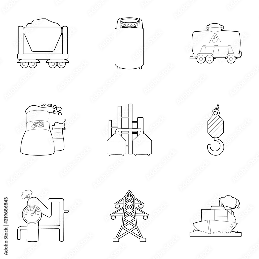 Poster coal production icons set. outline set of 9 coal production vector icons for web isolated on white b