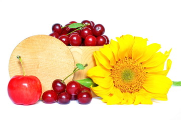 Rustic wooden barrel full of harvested red fresh raw sweet ripe cherry, juicy delicious apple next few berries and yellow flower of sunflower with round lid on white background. Isolated