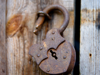 Old open rusty lock hanging on the door