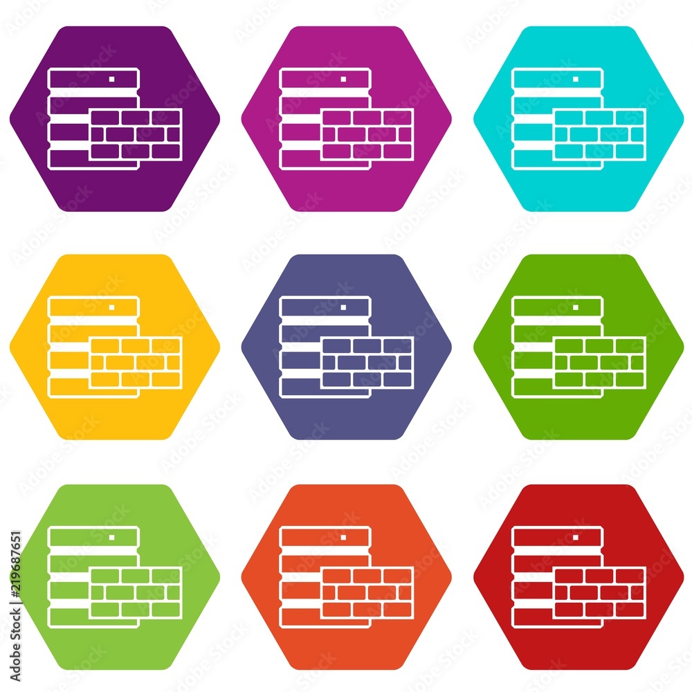 Poster database and brick wall icon set many color hexahedron isolated on white vector illustration