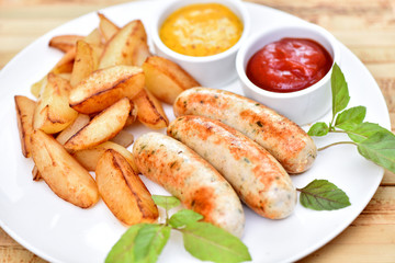Bavarian sausages. German cuisine. A dish of chicken meat.