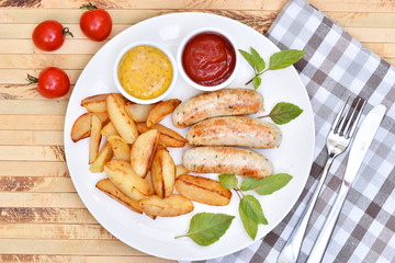 Bavarian sausages. German cuisine. A dish of chicken meat.