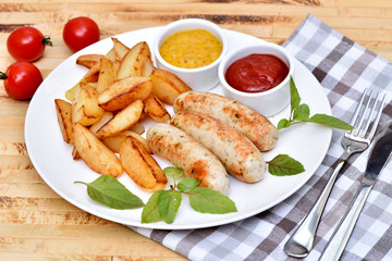 Bavarian sausages. German cuisine. A dish of chicken meat.
