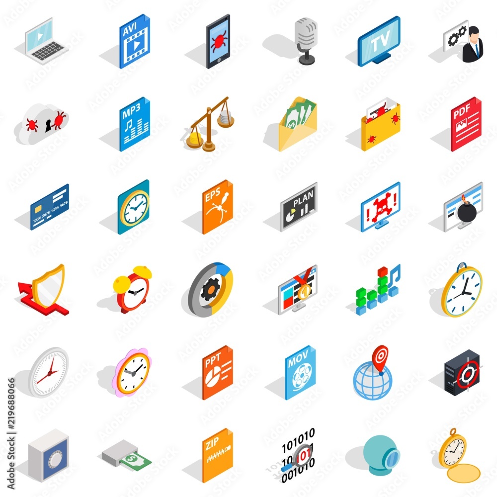 Poster video icons set. isometric style of 36 video vector icons for web isolated on white background