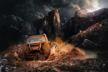 Off road vehicle coming out of a mud hole hazard,mud and water splash in off-road racing. - obrazy, fototapety, plakaty