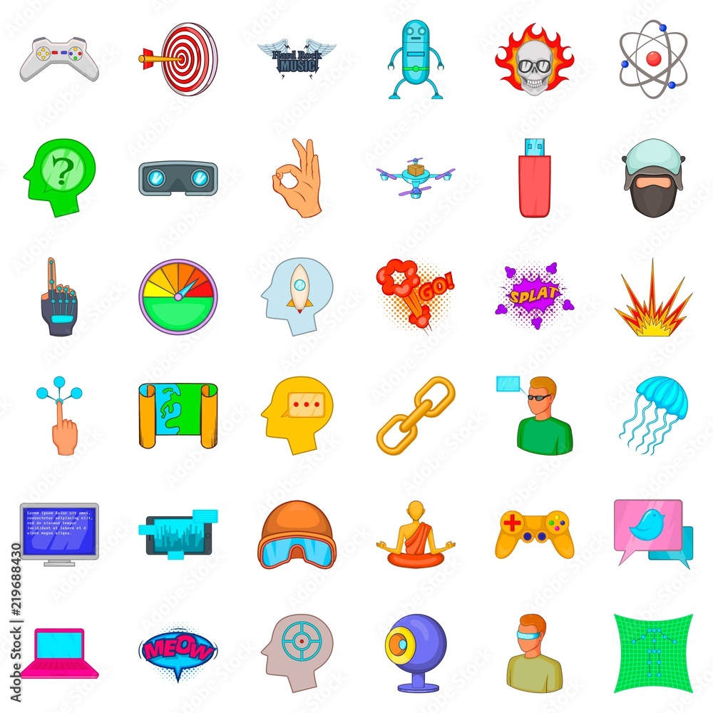 Poster virtual icons set. cartoon style of 36 virtual vector icons for web isolated on white background